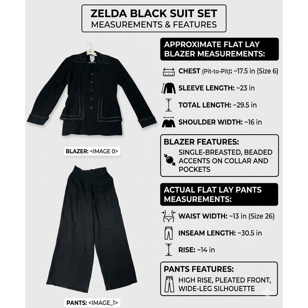 Zelda 2-Piece Blazer & Pants Womens 6 Black Beaded Trim Formal Business Career
